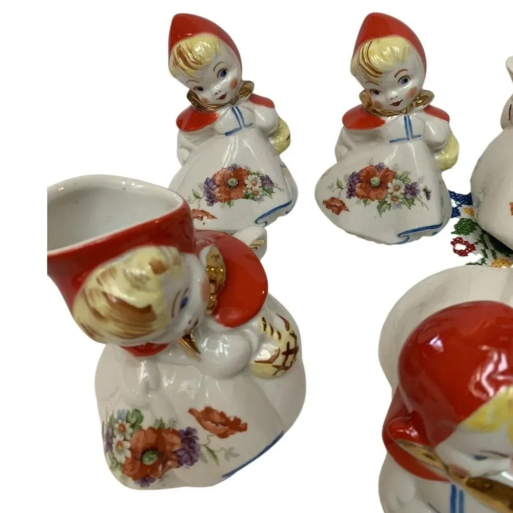 MCM Hull Little Red Riding Hood Tea Pot Set Red & White Ceramic 6 Pieces